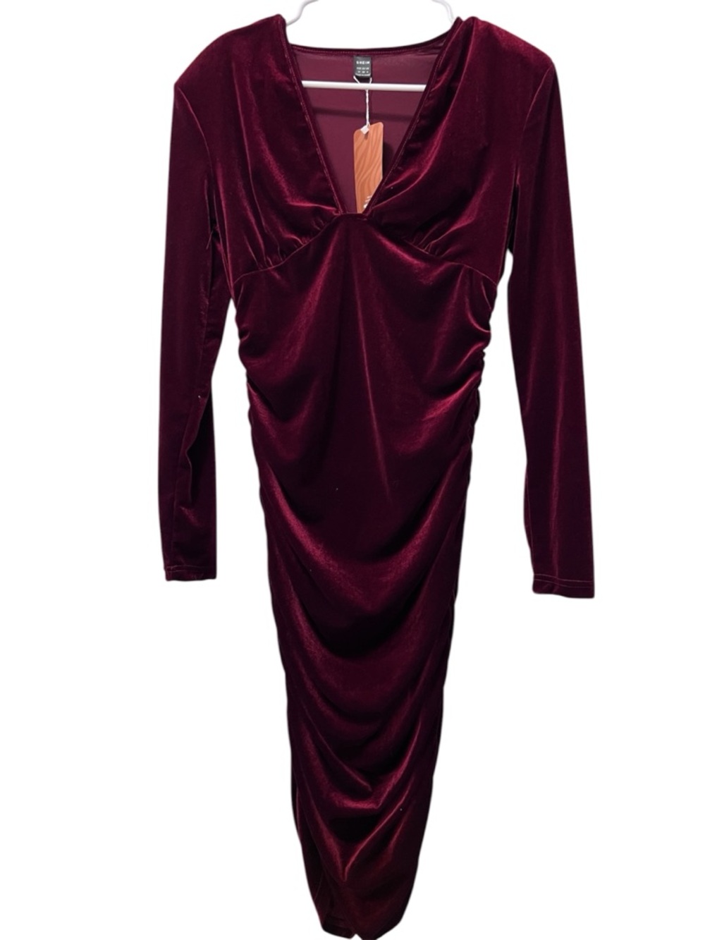 SHEIN Burgundy Velvet Long-Sleeve Ruched Midi Dress